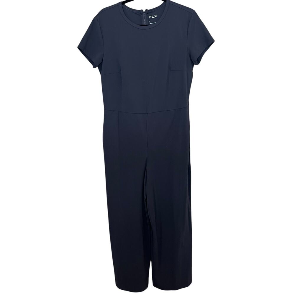 FLX Urban/Commuter Jumpsuit Size Large Steel Blue Stretch Zip Pockets Wide Legs